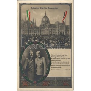 Budapest V. Országház. Győzelem örömeire Budapesten! II. Vilmos császár és Ferenc József szecessziós propaganda...