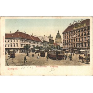 1902 Budapest V. Károly körút, villamosok, Anker Udvar, Fischer, Schlesinger és Ranschbur üzlete...