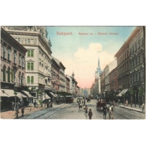 1908 Budapest VII. Rákóczi út, villamosok, Metropole szálloda, hirdetőoszlop. Taussig A. 6676. (Rb...