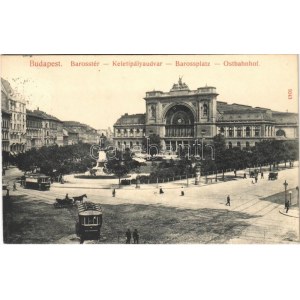 1911 Budapest VIII. Baross tér és szobor, Keleti pályaudvar, villamosok. Taussig A. 9243
