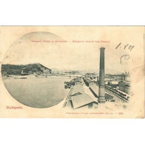 1901 Budapest IX. Látkép az elevátorból, Citadella, Gellért tér még befejezetlen, vasúti sínek. Divald 109...