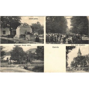 1940 Gamás (Fonyód), Hősök szobra, utca falubeliek csoportképével, Római katolikus templom...