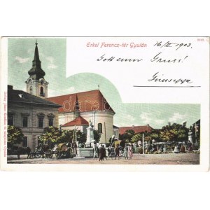 1903 Gyula, Erkel Ferencz tér, templom, kút vízhordó kocsik, szobrok...