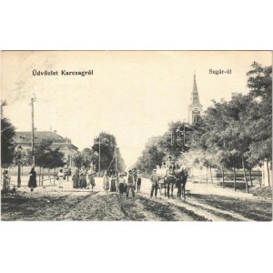 1911 Karcag, Sugár út, templom, lovaskocsi. Feriántz Dán. utóda kiadása