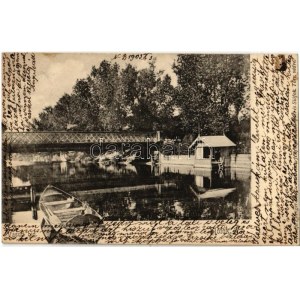 1903 Siófok, Vasúti híd csónakkal, Kiadja Ellinger Ede fényképész