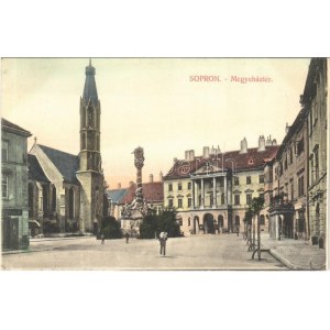 1911 Sopron, Megyeház tér, Szentháromság szobor, gyógyszertár