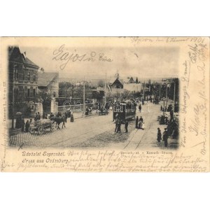 1901 Sopron, Oedenburg; Kossuth út feldíszített magyar címeres villamossal, lovaskocsi. Kummert L...