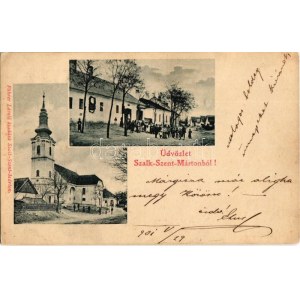 1901 Szalkszentmárton, Petőfi egykori lakóháza emléktáblával, férfi kerékpárral, Református templom...