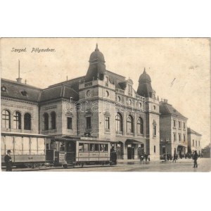 Szeged, pályaudvar, vasútállomás, villamos Glöckner reklámjával. Juhász István kiadása (Rb...