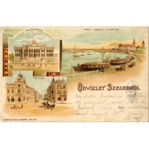 1899 Szeged, Kultúrpalota, Közúti vashíd, rakpart, Híd utca, Endrenyi Imre Nr. 1047. litho (EK)