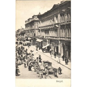 Szeged, Klauzál téri piac árusokkal, könyvnyomda, Divatáruház a Menyecskéhez, üzletek
