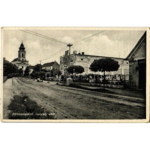 Szentgotthárd, Hunyady utca, templom, cukrászda, mozgó-színház (mozi) (?)...