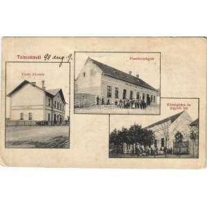1911 Tolnanémedi, vasútállomás, községháza, jegyzői lak, posztó cipő gyár (Rb)