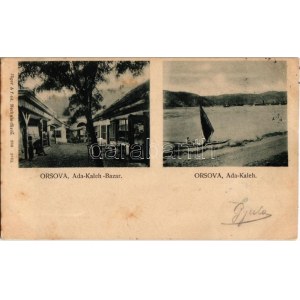 1902 Ada Kaleh, Orsova; török bazár, vitorlás csónak. Jäger Alfréd kiadása / Turkish bazaar shop, sailing boat (fl...