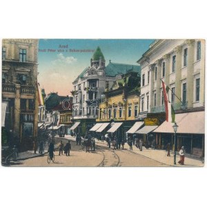 1917 Arad, Atzél Péter utca, Bohus palota, magyar zászlók / street, palace, shops, Hungarian flags (kicsit ázott ...