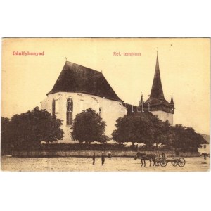 Bánffyhunyad, Huedin; Református templom, lovaskocsi. W.L. (?) 656. / Calvinist church, horse cart (ázott sarkak ...