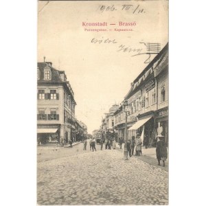 1906 Brassó, Kronstadt, Brasov; Purzengasse / Kapu utca, Depner, Zeidner üzlete, Providentia biztosító társaság fiókja ...