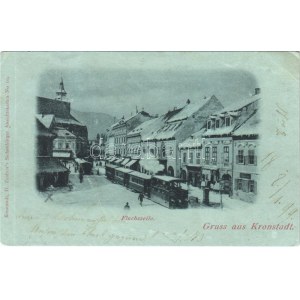 1899 (Vorläufer) Brassó, Kronstadt, Brasov; Flachszeile / Len sor télen, városi vasút, üzletek. Kiadja H. Zeidner ...