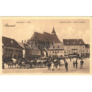 Brassó, Kronstadt, Brasov; Fő tér, Fekete templom, piac, lovaskocsik, J.L. & Hesshaimer üzlete. H. Zeidner No. 66. ...