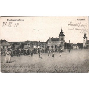 1918 Dicsőszentmárton, Tarnaveni, Diciosanmartin; városház, tér, piac szekerekkel. Fröhlich kiadása / town hall, market...