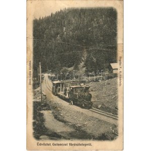 1908 Gelence, Ghelinta; Fűrésztelep keskeny nyomtávú ipari vasúttal, gőzmozdony. János Lajos kiadása, Bogdán F. ...