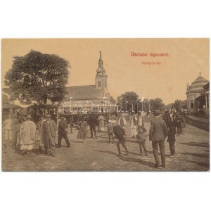 1909 Gyorok, Ghioroc; Nádasdy tér, piac árusokkal, templom, városi vasút, kisvasút. W.L. 3087-95. / market square...