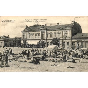 1928 Gyulafehérvár, Alba Iulia; Napi piac, Hungária szálloda, Párizsi Nagy Áruház, Gruninger Gy. üzlete / market square...