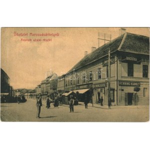 1917 Marosvásárhely, Targu Mures; Kossuth utca, Borhegyi Gyula, Henning Károly, Bartscht Károly, Babos Egyed üzlete...