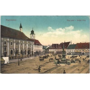 1917 Nagyszeben, Hermannstadt, Sibiu; Nagy piac, üzletek. Vasúti levelezőlapárusítás 9.sz. 1915. / market square...