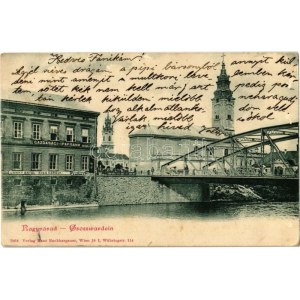 1900 Nagyvárad, Oradea, Grosswardein; Sebes-Körös partja, híd, Gazdasági és Iparbank, Janky Antal és Kiss Károly üzlete...
