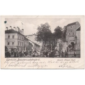 1902 Besztercebánya, Banská Bystrica; Mátyás tér, piac, Steiner B. és Reisz Miksa üzlete / square, market, shops (fa) ...