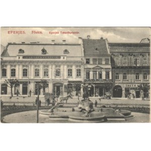 1914 Eperjes, Presov; Fő utca, Takarékpénztár, Kun Sándor, Tauth és Gregor üzlete, szamárszekér, szökőkút...