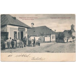 1913 Jászómindszent, Poproc; Széchenyi utca, templom, Fogyasztási szövetkezet üzlete és saját kiadása / street, church...