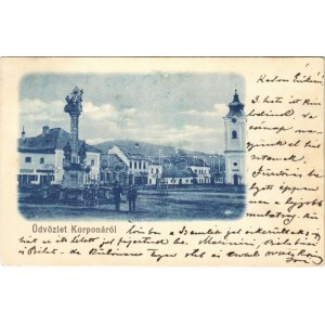 1899 (Vorläufer) Korpona, Krupina; Szentháromság szobor és tér, templom, üzlet / Trinity statue and square, church...