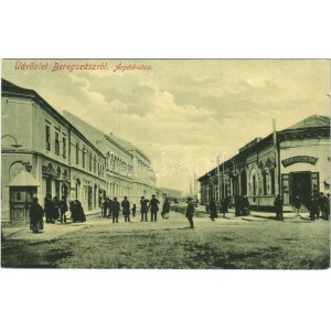 Beregszász, Beregovo, Berehove; Árpád utca, Taub üzlete, gyógyszertár. W.L. 6055. / street, pharmacy, shop ...