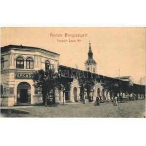 1909 Beregszász, Beregovo, Berehove; Kossuth Lajos tér, Farkas J. és Kató Albert üzlete, létra, kerékpár. W.L. (?) 1927...