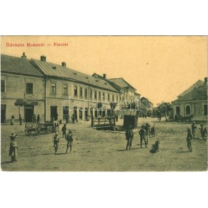 1909 Huszt, Chust, Khust; Piac tér, lovaskocsi, Kahan Dávidné dohányboltja, Klein Sámuel üzlete...