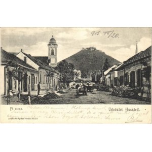 1905 Huszt, Chust, Khust; Fő utca, építkezés, templom, üzlet. Ausländer Ignác kiadása / main street, construction...