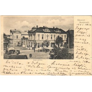 1905 Munkács, Mukacheve, Mukachevo, Mukacevo; Városi színház, piac, üzletek. Grünstein Mór kiadása / theatre, market...
