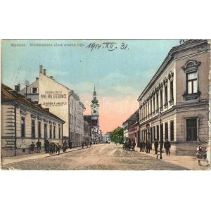 1915 Belovár, Bjelovar; Blühwajsova ulica prama trgu, Podruznica Prve Hrv. Stedionce, Ljekarna K. Andjelu / utcakép...