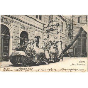 1903 Fiume, Rijeka; Carnevale, Arco Romano / flower carnival, decorated cart / virágkarnevál, feldíszített kocsi (EK...