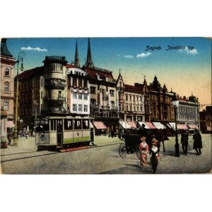 1915 Zagreb, Jelacicev trg. / square, tram, shops of Fuchs and Anker