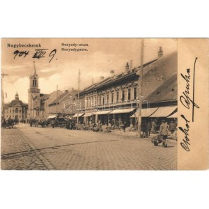1904 Nagybecskerek, Zrenjanin, Veliki Beckerek; Hunyady utca, piac, Huber Gusztáv üzlete, templom / street, market...