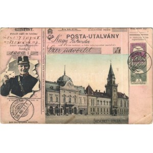 1906 Nagykikinda, Kikinda; Erzsébet utca, Angner A. üzlete. Postai-Utalvány montázs postással...