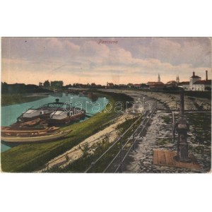 1916 Pancsova, Pancevo; folyópart, kerekes kút, hajó / riverside, well, ship