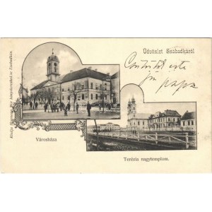 1903 Szabadka, Subotica; városháza, Terézia nagytemplom. Heumann Mór kiadása / town hall, church...