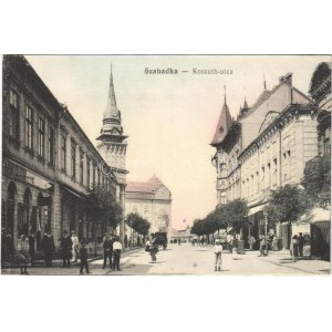 Szabadka, Subotica; Kossuth utca, Kramer Antal és Társa üzlete, Arany Bárány szálloda, kávéház / street, shop, cafe...