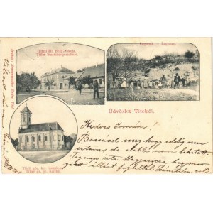 1903 Titel, Állami polgári iskola, lagunák, görögkeleti templom. Nonnenmacher Endre kiadása / school...
