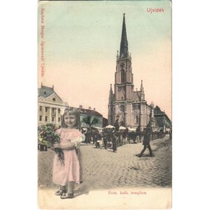 1909 Újvidék, Novi Sad; Római katolikus templom, fiákerek. Kapható Herger Ágostonnál, montázs kislánnyal / church...