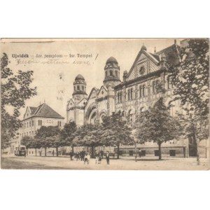 1917 Újvidék, Novi Sad; izraelita templom, zsinagóga, villamos / synagogue, tram